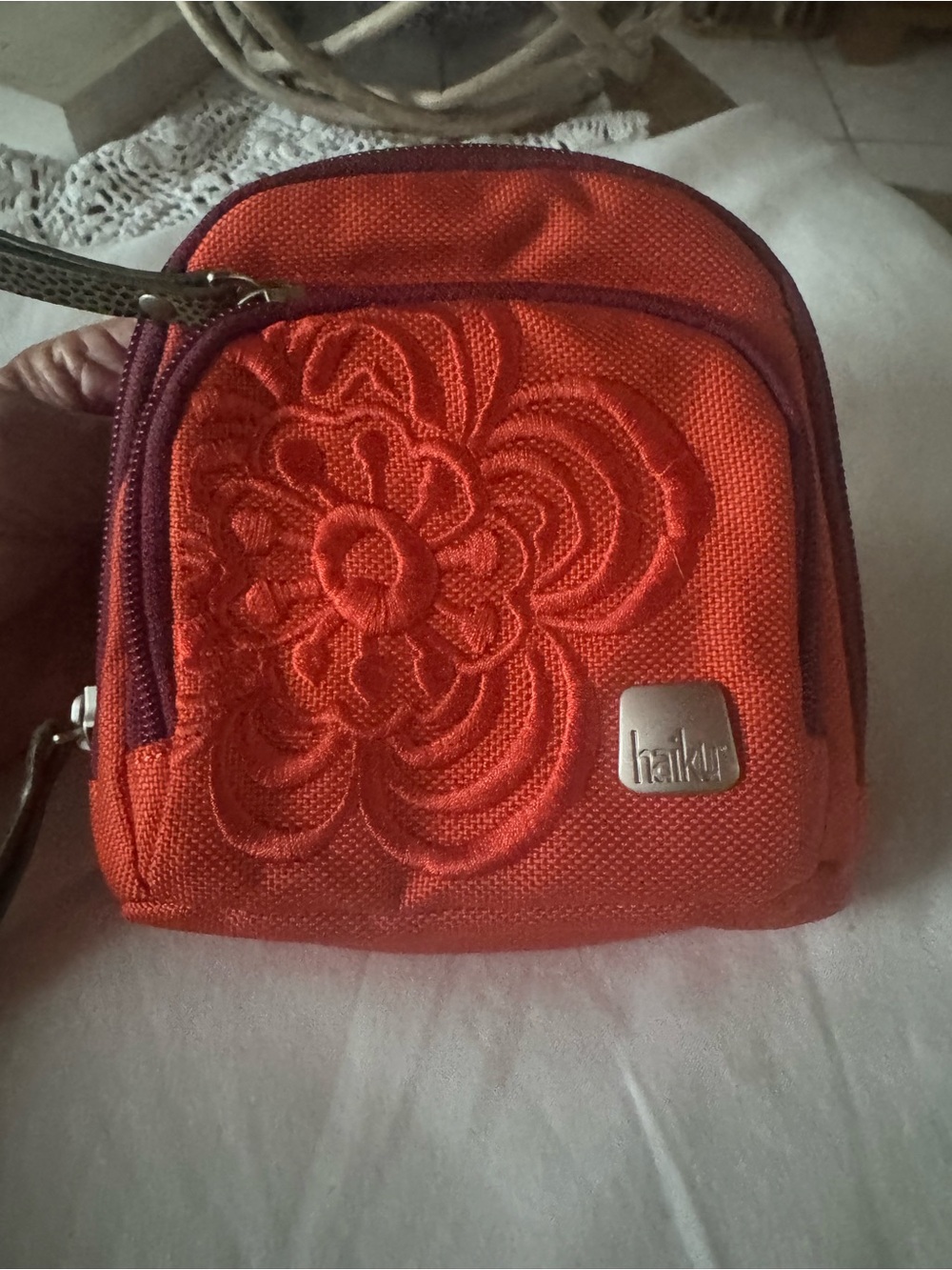 Haiku Bright Orange Floral Embroidered Cosmetic Pouch